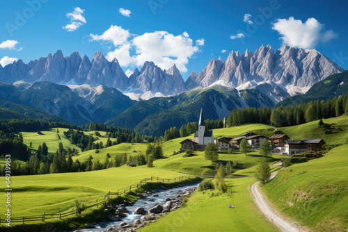 Panoramic view of idyllic mountain scenery in the Alps with fresh green meadows in bloom on a beautiful sunny day in springtime. photo