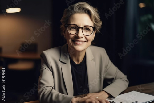 Fototapeta Naklejka Na Ścianę i Meble -  miling mature business woman hr holding cv at job interview. Happy mid aged professional banking financial manager, insurance agent, lawyer consulting clients sitting at work corporate office meeting