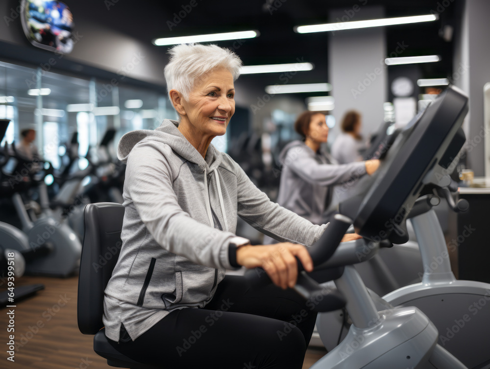 Old woman with grey hair training in gym. Healthy life with sport and fitness concept. Ai generative illustration Old woman with grey hair training in gym. Healthy life with sport and fitness concept. Ai generative illustration