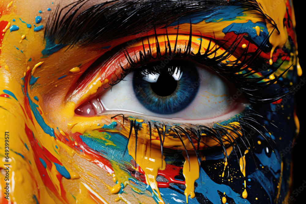 Closeup of a woman's eye with a painted face - Close-up of a female eye with the surrounding face decorated in colorful drip paintings, representing bold fashion photography.