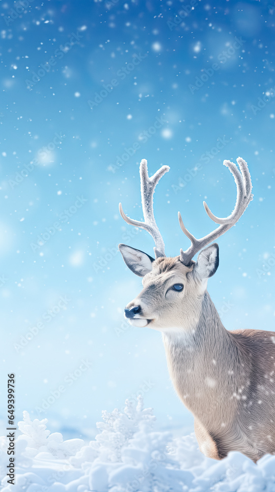 Winter fantastic postcard. Red deer in a fairy-tale snowy forest. Christmas image. Winter wonderland. Blue christmas greeting card with copy space. Vertical shot. Winter fantastic postcard. Red deer in a fairy-tale snowy forest. Christmas image. Winter wonderland. Blue christmas greeting card with copy space. Vertical shot.