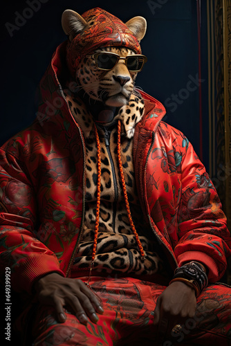 Abstract, creative, illustrated, minimal portrait of a wild animal dressed up as a hipster or gangster man in casual clothes.