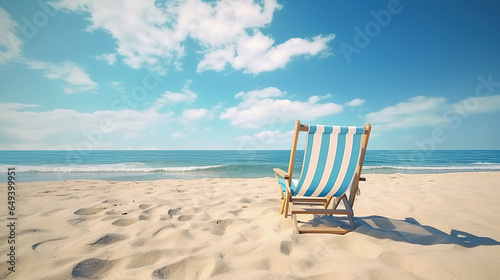 Two beach chairs on sea shore under blue clear sky. Stunning beach background, summer vacation concept. © Santy Hong