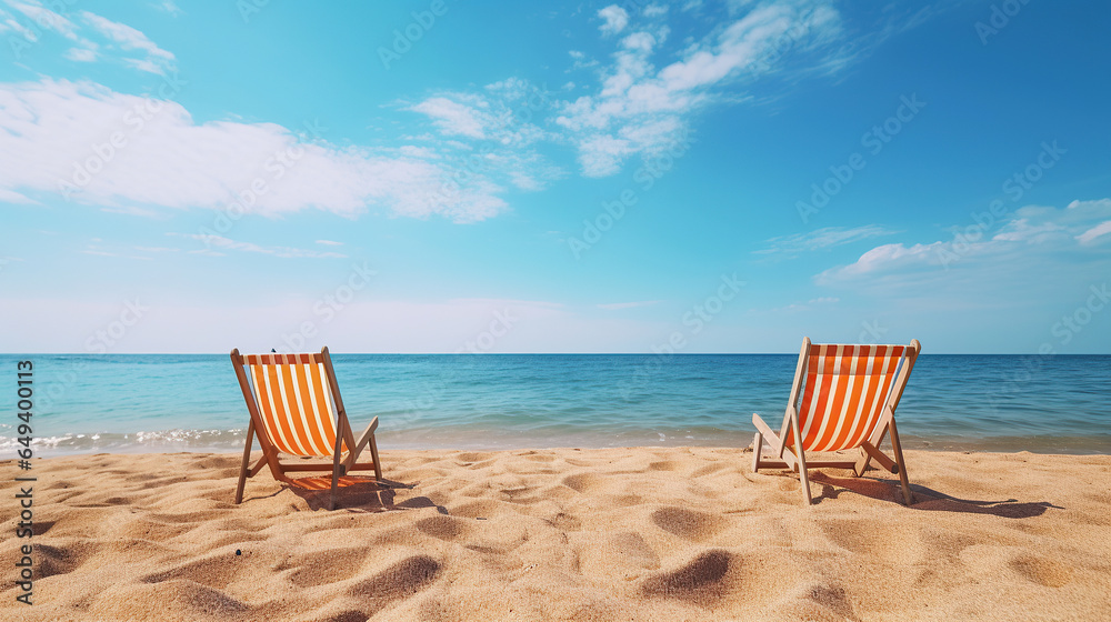 Two beach chairs on sea shore under blue clear sky. Stunning beach background, summer vacation concept.
