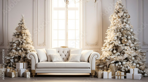 Exclusive luxury christmas interior, stunning atmosphere, wonderful christmas tree with beautiful decorations. An empty sofa is available. Beautiful Christmas presents laying unter the decorated Chris