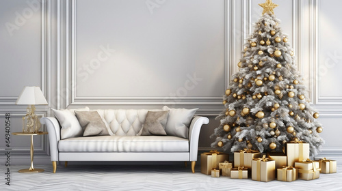 Exclusive luxury christmas interior, stunning atmosphere, wonderful christmas tree with beautiful decorations. An empty sofa is available. Beautiful Christmas presents laying unter the decorated Chris photo