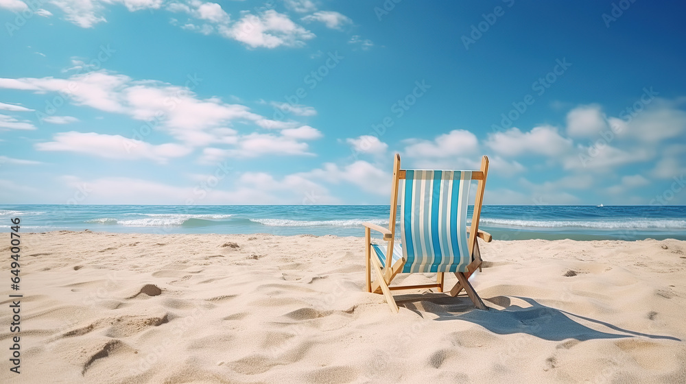 Two beach chairs on sea shore under blue clear sky. Stunning beach background, summer vacation concept. Two beach chairs on sea shore under blue clear sky. Stunning beach background, summer vacation concept.