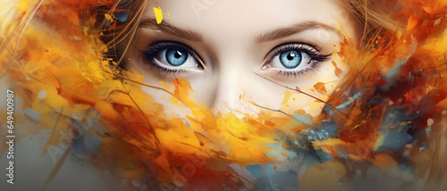 Women faces Golden watercolor illustration, horizontal copy space on color background.Abstract fashion  AI.