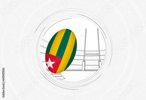 Togo flag on rugby ball  lined circle rugby icon with ball in a crowded stadium.