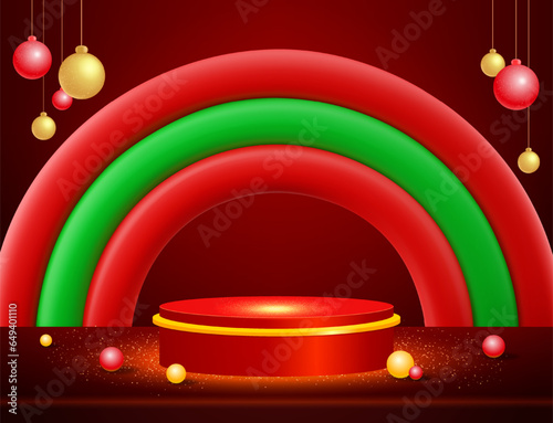 Christmas and New Year vector background with sparkle podium, red and green arch and balls