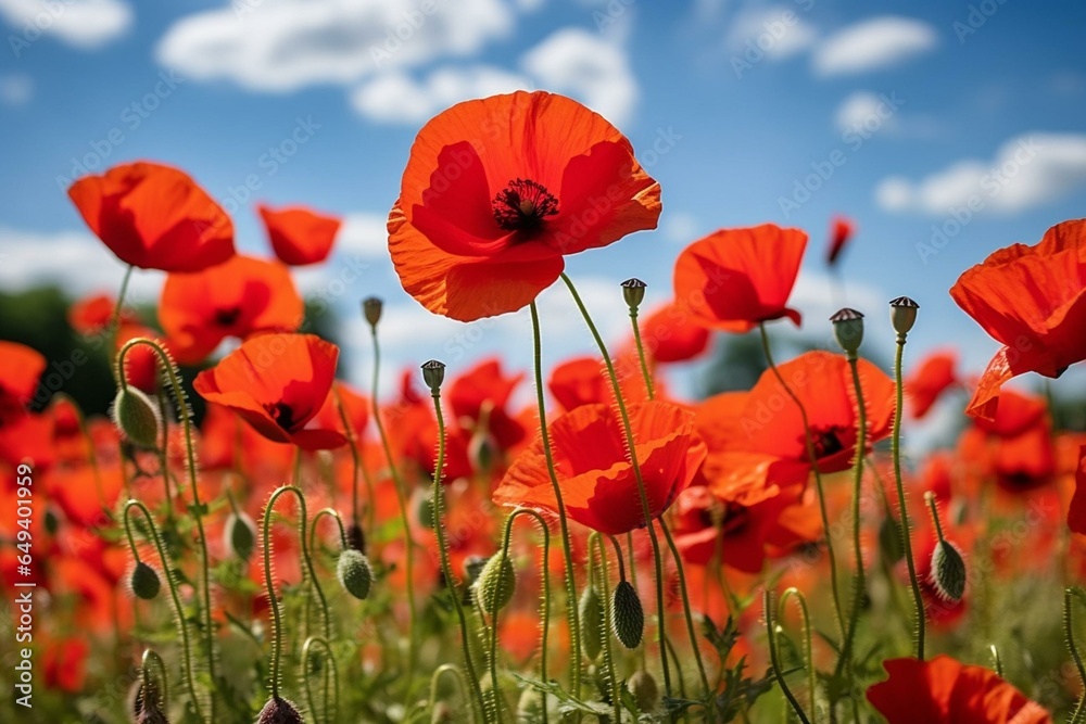 Memorial poppies, red flowers honoring fallen veterans, Armistice Day, wildflowers, blooming field landscape, meadow. Generative AI - obrazy, fototapety, plakaty 