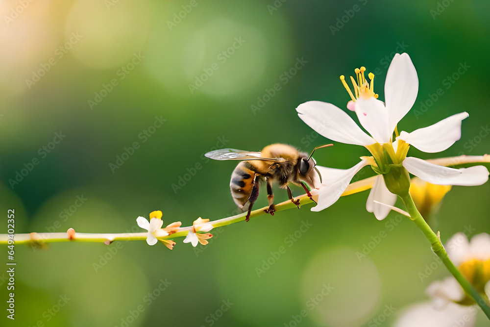 Flying honey bee collecting bee pollen from apple blossom soft bokeh in the background