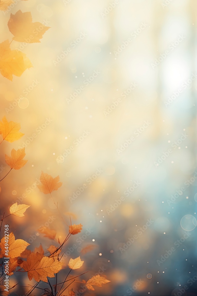 Blurred out fall season abstract nature background with lots of bokeh and a bright center spotlight and a subtle vignette border - obrazy, fototapety, plakaty 