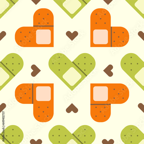 Flat cute seamless pattern of medical plaster with hearts. Blood donation print design in doodle style..