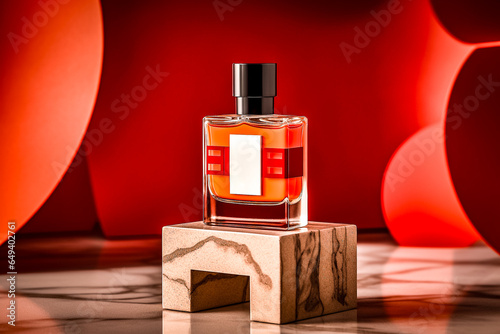 Flacon de parfum présenté dans un décor oriental rouge et doré photo