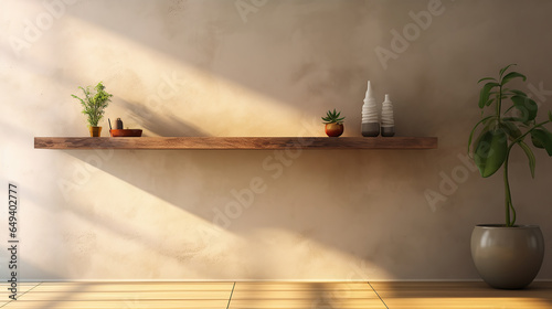 Wood wall floating shelf on stucco wall. Storage organization for home. Interior design of modern living room. © Santy Hong