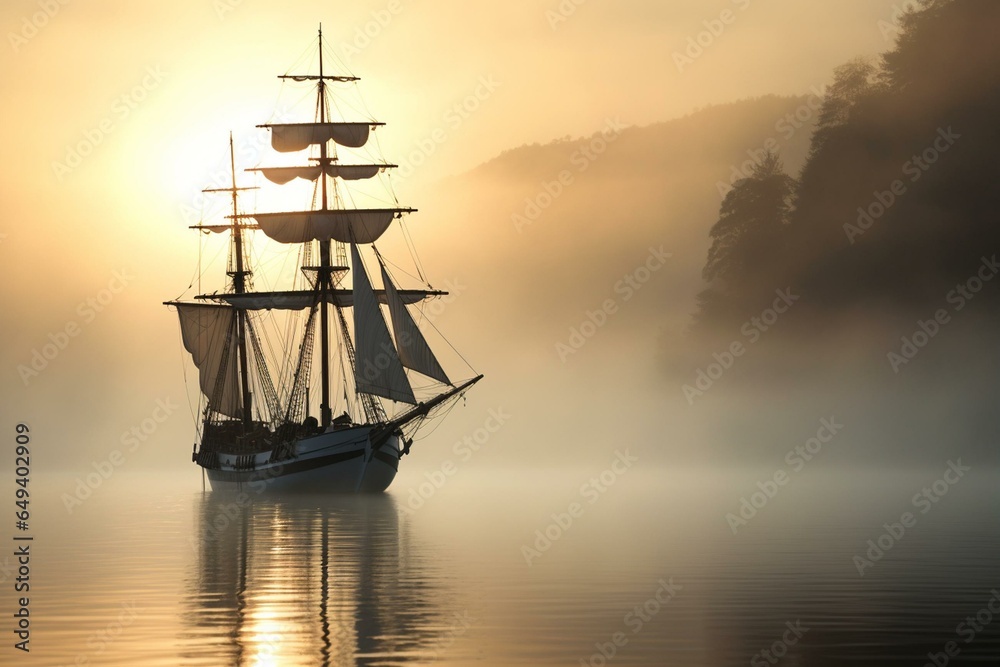 A sailing vessel in misty waters. Generative AI