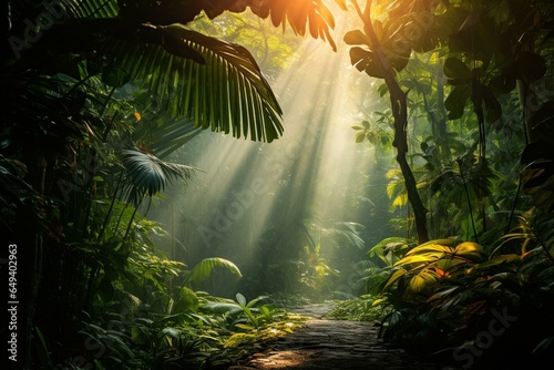 beautiful sunlight filtering through the dense foliage of a vibrant tropical rainforest. Generative AI