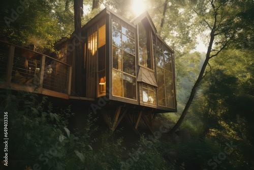 Modern wooden house in the forest. A country house in the forest. Ecological housing. Tree house.