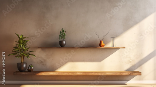 Wood wall floating shelf on stucco wall. Storage organization for home. Interior design of modern living room. © Santy Hong