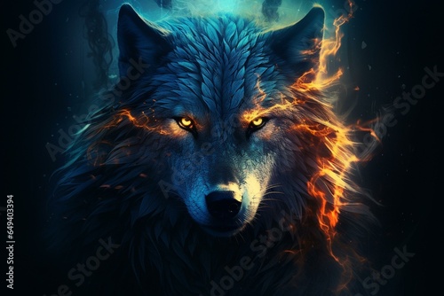 A wolf with radiant expression in dim light, encircled by blazing and frozen realms, emitting blue illumination from its eyes. Generative AI