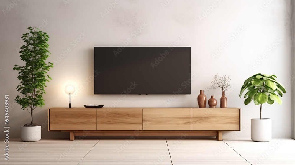 Wooden tv unit in spacious room. Scandinavian home interior design of modern living room. Wooden tv unit in spacious room. Scandinavian home interior design of modern living room.