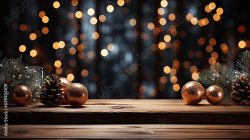 Christmas decoration on wooden background, flat lay. Space for text