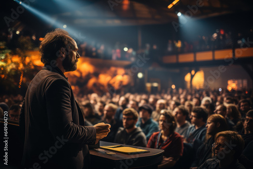 A conference hall filled with attendees listening to an inspiring keynote speaker. Generative Ai.