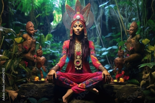 Beautiful female shaman sitting in the lotus position in the tropical forest, connecting to the divine spirit 