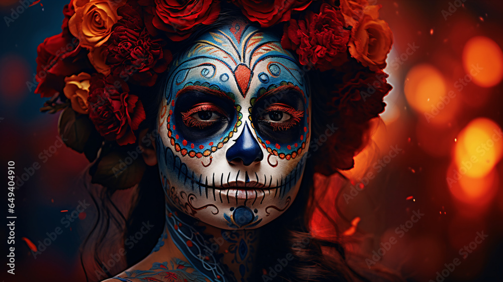 A woman adorned with sugar skull makeup during Mexico's Day of the Dead..