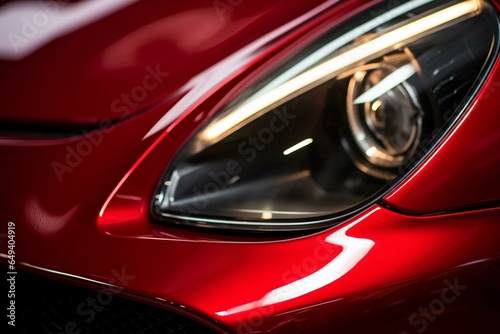 Close-up red sports car headlight. Generative AI © Quinby