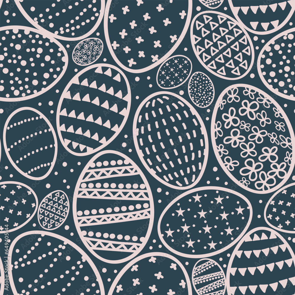 Abstract Easter egg seamless pattern in simple Scandinavian-style. Geometric designs and dots in modest navy blue and pink colors. Neutral and modest catholic spring vector illustration. 