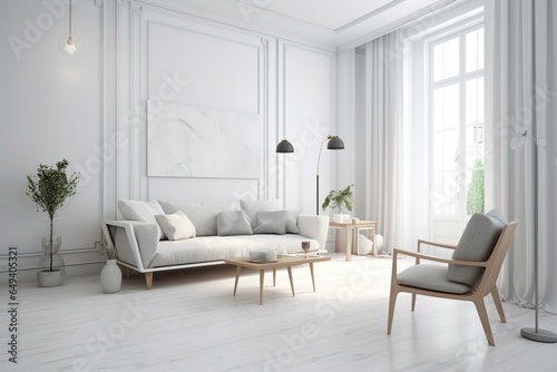 White minimalist living room with sofa and armchair, Scandinavian style. Generative AI © Isadora