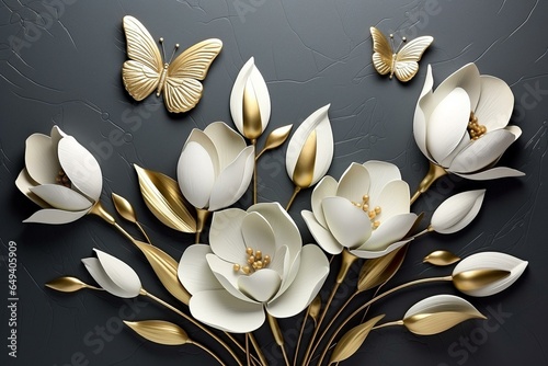 3D mural wallpaper with tulip flowers, golden butterfly, pearl on dark background. Perfect wall frame. Generative AI #649405909