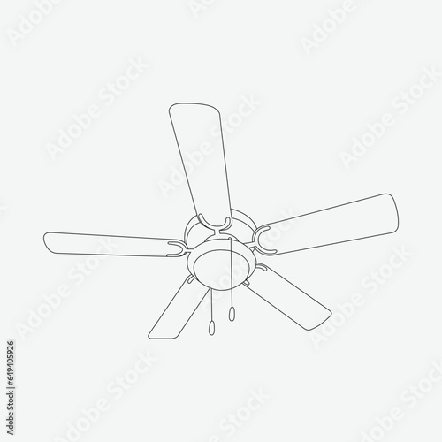 Electric ceiling fan with a realistic abstract art concept, isolated on a white background and fixed to a roof.