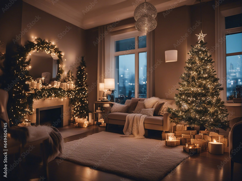 Modern living room interior decorated with Christmas lights and tree. Night scene. Generative AI