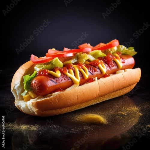 Tasty delicious hot dog on a dark background. Generative AI.