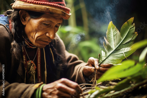 Shaman in Peru picking up Ayahuasca plants. Traditional plant medicine used in religious and shamanic rituals in the amazon rainforest.
