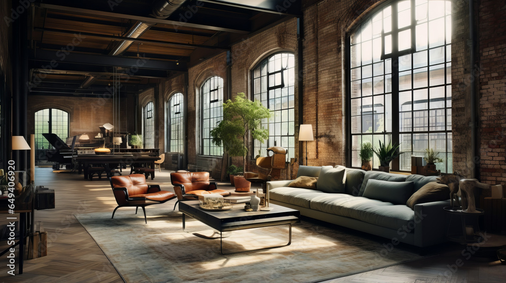 Naklejka premium Industrial loft with exposed brick walls, large windows, metal beams, and open space, furnished with a mix of modern and vintage pieces