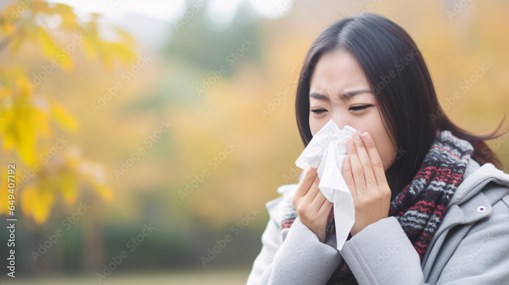 Managing symptoms from a cold or allergies, a young Asian woman can be seen blowing her nose with a tissue.. Managing symptoms from a cold or allergies, a young Asian woman can be seen blowing her nose with a tissue..