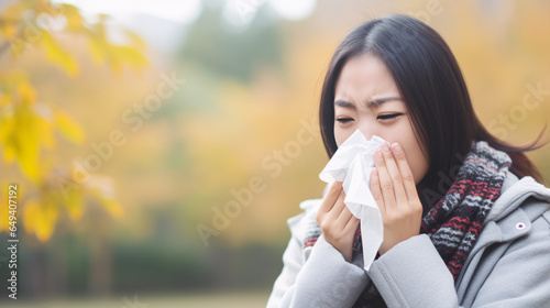 Managing symptoms from a cold or allergies, a young Asian woman can be seen blowing her nose with a tissue..