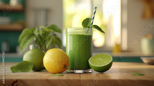 A vibrant green smoothie, crafted from fresh, organic lime and lemon, rests invitingly on a kitchen countertop, a healthy and zesty delight photo
