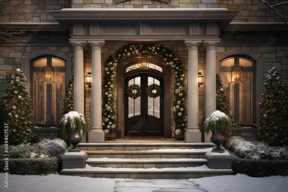 Fototapeta premium A home's exterior is adorned with wreaths, while a modern projection displays vibrant holiday animations, embodying perfect union of classic and contemporary holiday decor. Generative Ai.