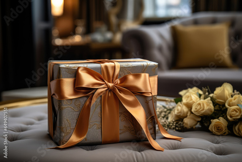 A person showcases a beautifully wrapped gift that combines a vintage ribbon with a sleek and modern wrapping paper, illustrating the harmonious blend. Generative Ai. © Sebastian