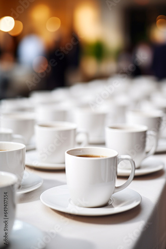 A large number of white cups filled with coffee stand on a long table for an event or a congress. Focus on the front cup.