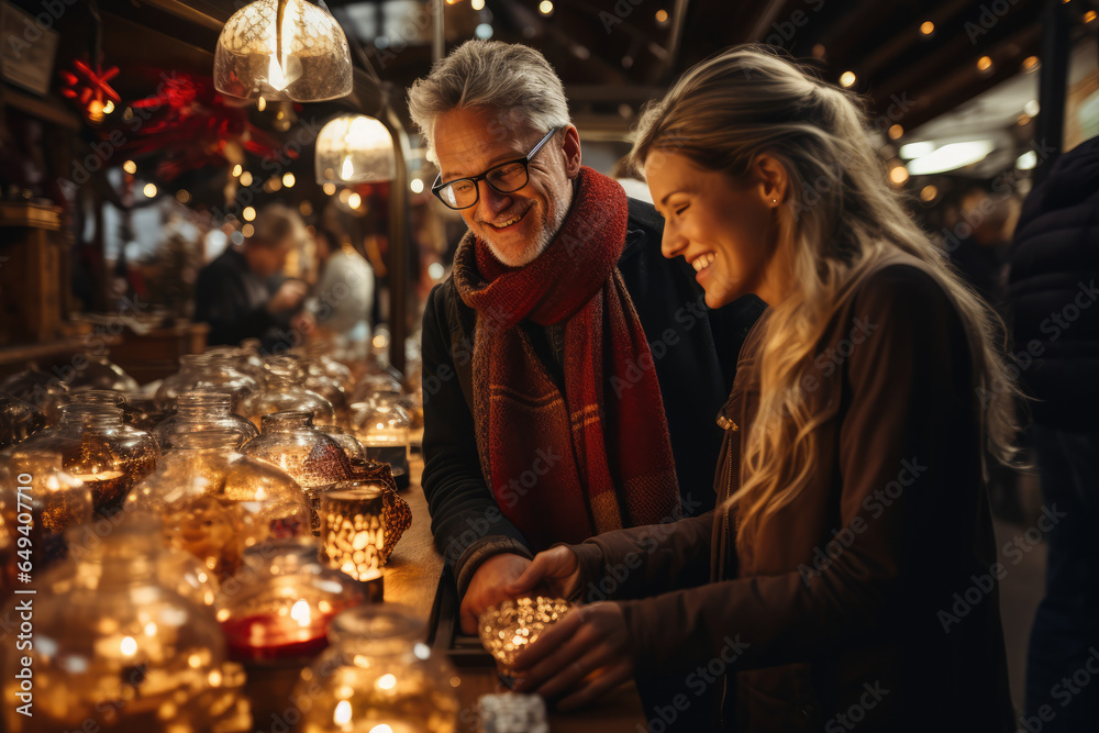 A couple explores a Christmas market that showcases traditional handicrafts and ornaments alongside stalls offering modern gadgets and gifts. Generative Ai.