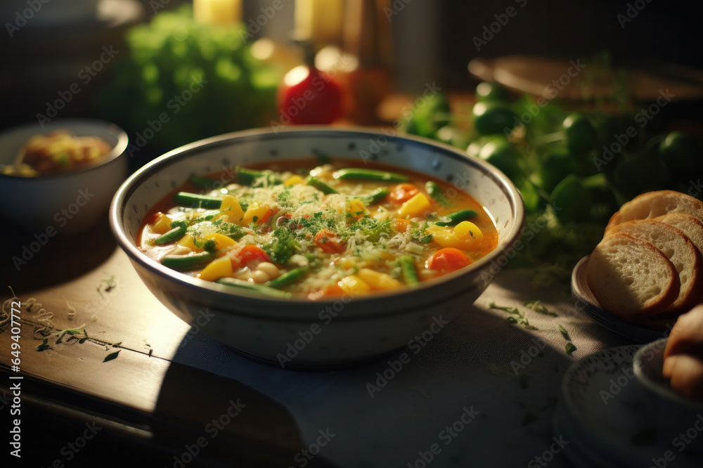 Homemade minestrone soup made of vegetables and legume. Minestrone soup with mix of vegetables.
