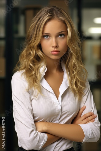 An attractive woman in an office environment with a questioning face saying 