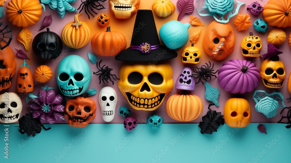 Flatlay Halloween Background in Pastel Hues, Abundant Decorations, Perfect for Creative Projects
