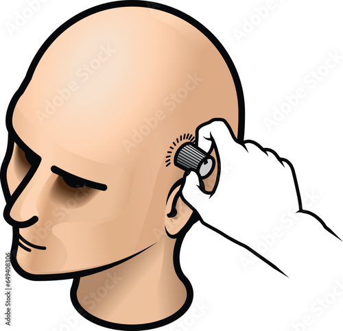 A woman's head with an adjustment knob on the side of her head and a hand turning it.